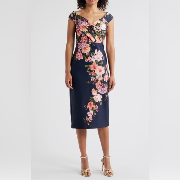 Eliza J Dresses & Skirts - Eliza J Floral Print Scuba Sheath Cap Sleeve Midi Navy Blue Dress NWT Size 14